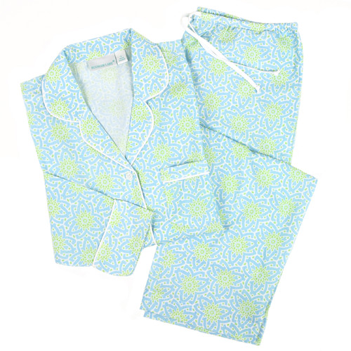 Women's printed blue-green cotton voile long sleeve sleep set folded flat