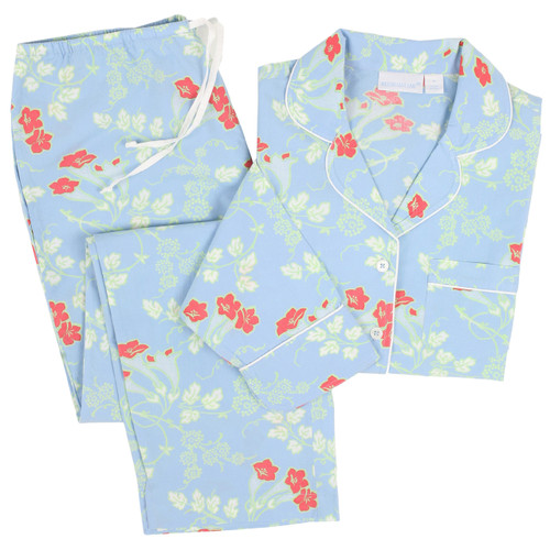 Women's cotton blue, green and red floral patterned long sleeve pajamas. Pajama top and pants folded flat.