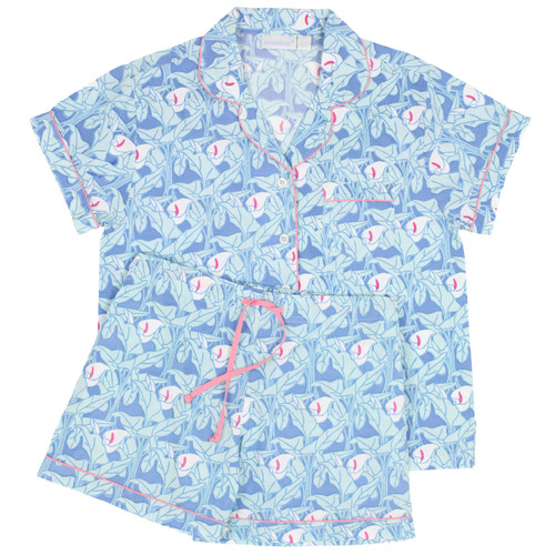 Women's cotton poplin button-down short sleeve pajama with shorts.  Blue, aqua and pink floral pattern. Two-piece pajama set folded flat.