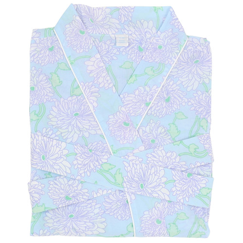 Women's 100% cotton voile kimono robe in a blue, green, lavender floral design. Folded flat for a close-up view.