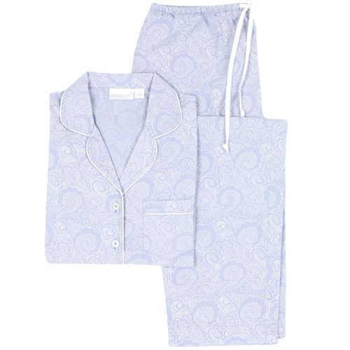 Women's printed cotton pajama set in a lavender pattern. Long sleeve, two-piece set folded flat.