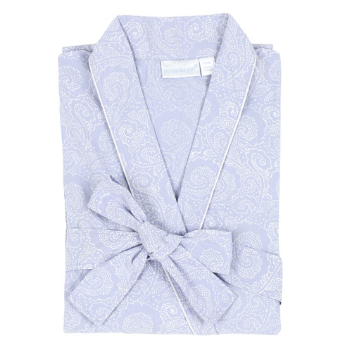 Closeup view of women's cotton poplin wrap robe in a lavender colored graphic print.