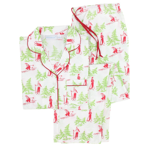 Women's printed cotton pajama set in a red and green holiday print. Long sleeve, two-piece set folded flat.