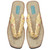 Top view of comfy, casual, cloth-strap flip flop sandals with padded yellow-orange fabric thong and soft textured footbed.