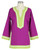 Front view of split neck plum colored tunic with contrasting lime green and white trim.