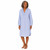 Woman wearing blue and white cotton seersucker long sleeve nightshirt with ruffled collar.