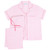 Women's short sleeve capri pajama set in pink and white cotton seersucker with dark pink piping and pant ties. Two-piece set folded flat.