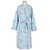 Women's shawl-collar bathrobe in printed 100% cotton poplin hanging on a mannequin.