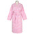 Front view of women's cotton poplin pink and periwinkle floral pattern wrap robe hanging on mannequin.