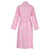 Back view of women's cotton poplin pink and periwinkle floral pattern wrap robe hanging on mannequin.