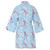 Back view of women's cotton kimono robe on a mannequin. Printed in a blue, green, red floral design.