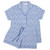 Women's cotton poplin button-down short sleeve pajama with shorts.  Printed with small-scale blue and white floral pattern trimmed with navy piping. Two-piece pajama set lying flat.