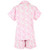 Back view of women's cotton poplin button-down short sleeve shorty pajama set. Printed in a pink and white toile design and trimmed with pink piping. Two-piece pajama set.