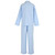 Back view of a women's cotton long sleeve, two-piece pajama set. Periwinkle blue pajamas with white piping.