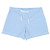 Close up of periwinkle blue cotton poplin pajama shorts lying flat. Trimmed with white piping and short ties. 