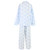 Women's cotton pajama set printed with a blue and white toile pattern trimmed with blue piping. Back view of a long sleeve, two-piece set.