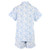 Back view of women's cotton poplin button-down short sleeve shorty pajama set. Printed in a blue and white toile design and trimmed with blue piping. Two-piece pajama set.