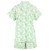 Front view of women's cotton poplin button-down short sleeve shorty pajama set. Printed in a green and white toile design and trimmed with green piping. Two-piece pajama set.