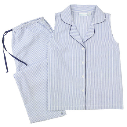 Blue Seersucker-Navy ~ Cotton Sleeveless Capri Pajamas
