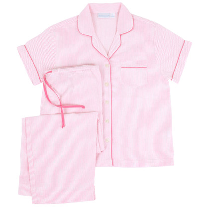 Cotton Short Sleeve Pajamas - Pink Seersucker-Pink | Needham Lane