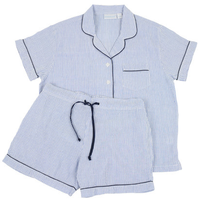 Cotton Short Sleeve Shorty Pajamas Blue Seersucker Navy