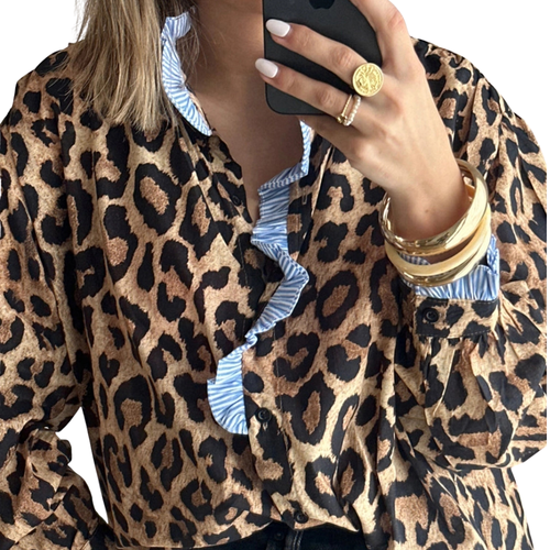 LEOPARD FRILLED TRIM SHIRT 