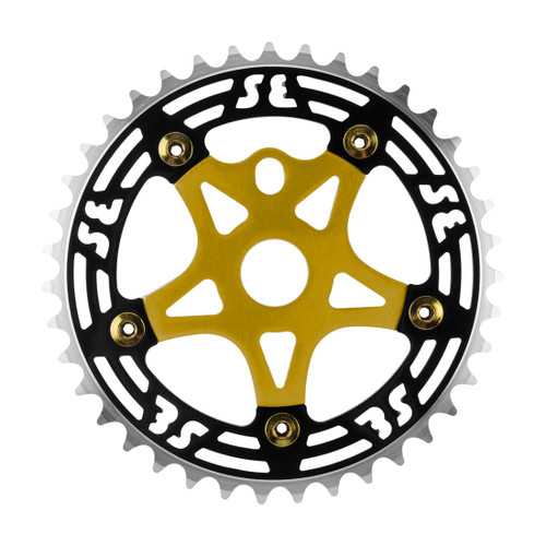 SE Bikes 39T Aluminum One-Piece Chainring and Spider, CNC Machined, Black/Gold P107-39T + AP13