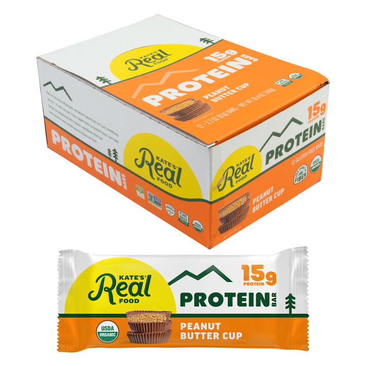 Kates Organic Protein Bars - Gluten-Free Peanut Butter Cup, 15g Plant-Based Protein, Non-GMO, Honey-Sweetened, Box of 12 915778