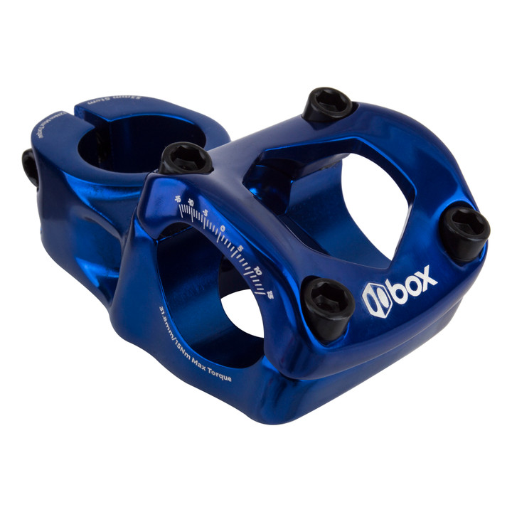 Blue Aluminum Top Load MTB and BMX Stem 53mm Clamp, 0 Angle BX-ST1831T53-BL