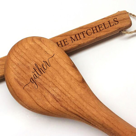 15" Cherry Wooden Spoon - Gather Motif with Personalization