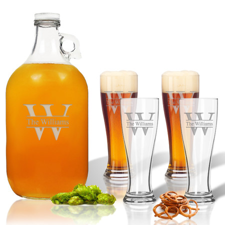 5 Piece Set: Growler  64 oz.  &  Pilsner Glass 16oz (Set of 4) Personalized Split Letter