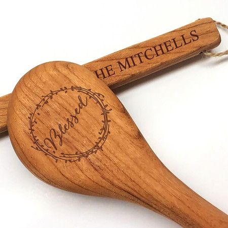 12" Cherry Wooden Spoon - Blessed Motif with Personalization