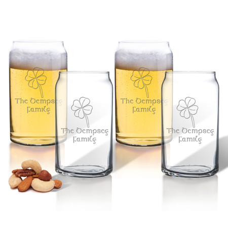 PERSONALIZED BEER CAN GLASSES GIFT SET: 4 Leaf Clover with Celtic Name