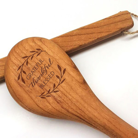 15" Cherry Wooden Spoon - Thankful Motif with Personalization