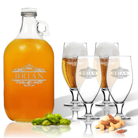 5 Piece Set: Growler  64 oz.  & Cervoise Glass  16.75 oz. (Set of 4) Personalized Scotts Design