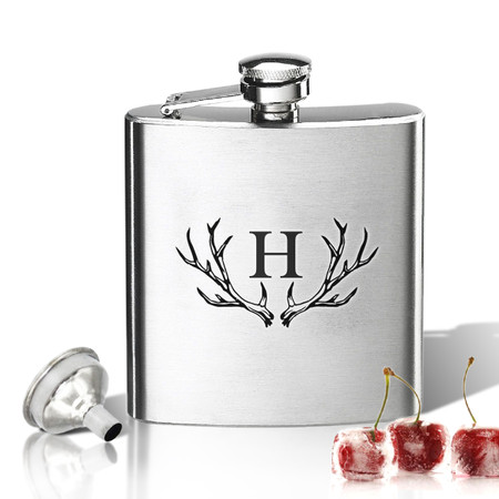 Stainless Steel Hip Flask (8 oz) Personalized to your desire.   Antler Initial.