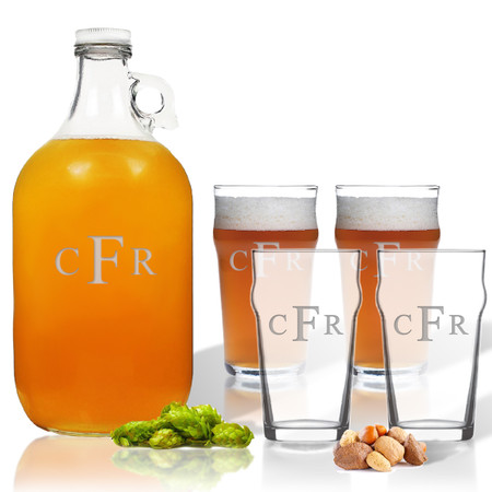 5 Piece Set: Growler  64 oz.  & Pub Glass  16 oz. (Set of 4) Personalized-PERSONALIZED