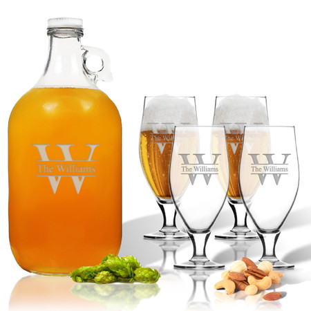 5 Piece Set: Growler  64 oz.  & Cervoise Glass  16.75 oz. (Set of 4) Personalized Split Letter