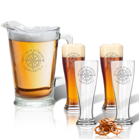 GPS COORDINATES, Pitcher 60oz & (Set of 4) 16oz Pilsner Glasses