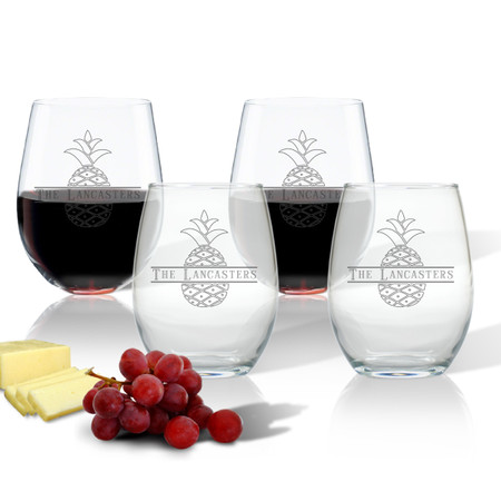 PERSONALIZED SPLIT LETTER PINEAPPLE STEMLESS WINE TUMBLER SET OF FOUR