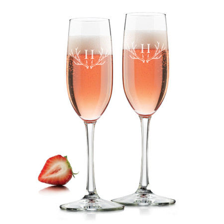 CHAMPAGNE FLUTE SET OF 2 (GLASS) : Antler w/ Initial