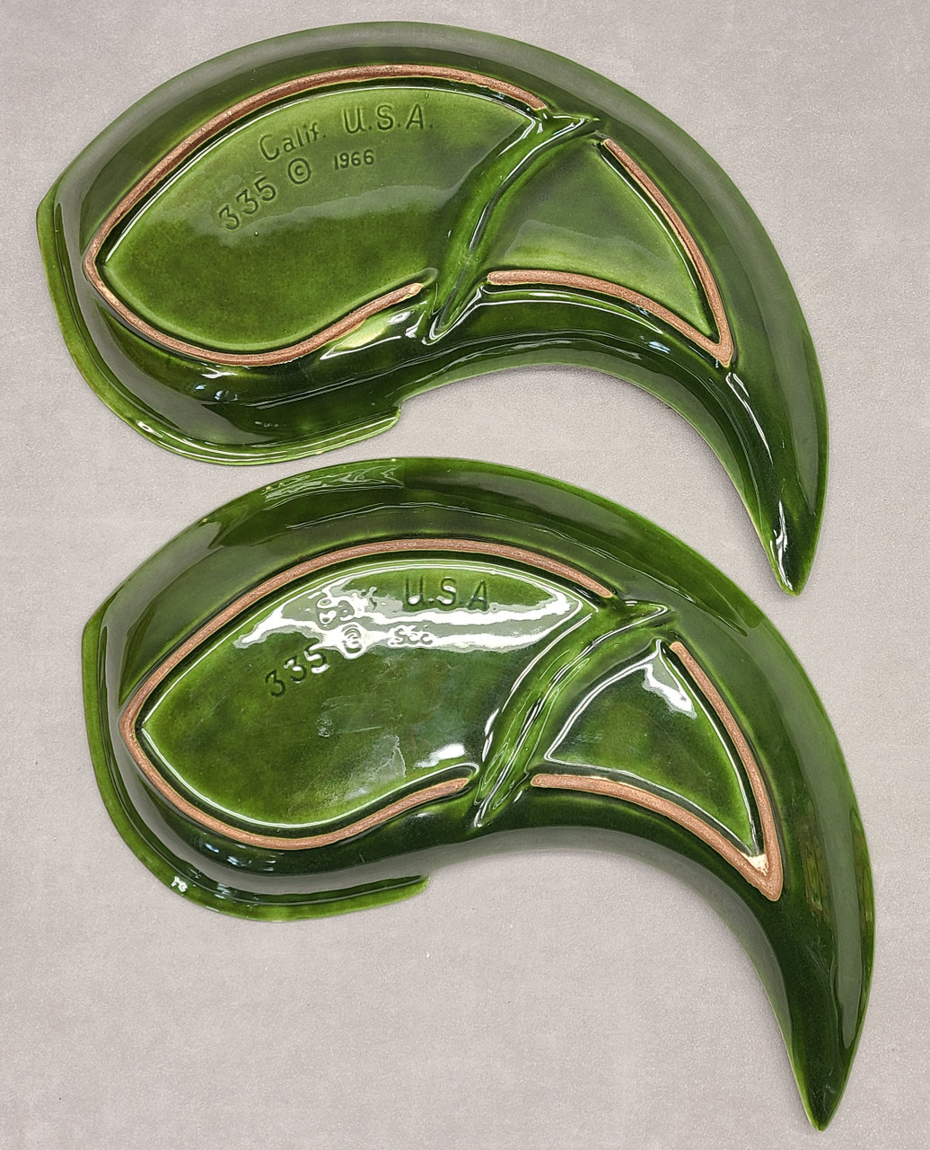 2 pc. Green 1966 California USA Pottery Trays #335