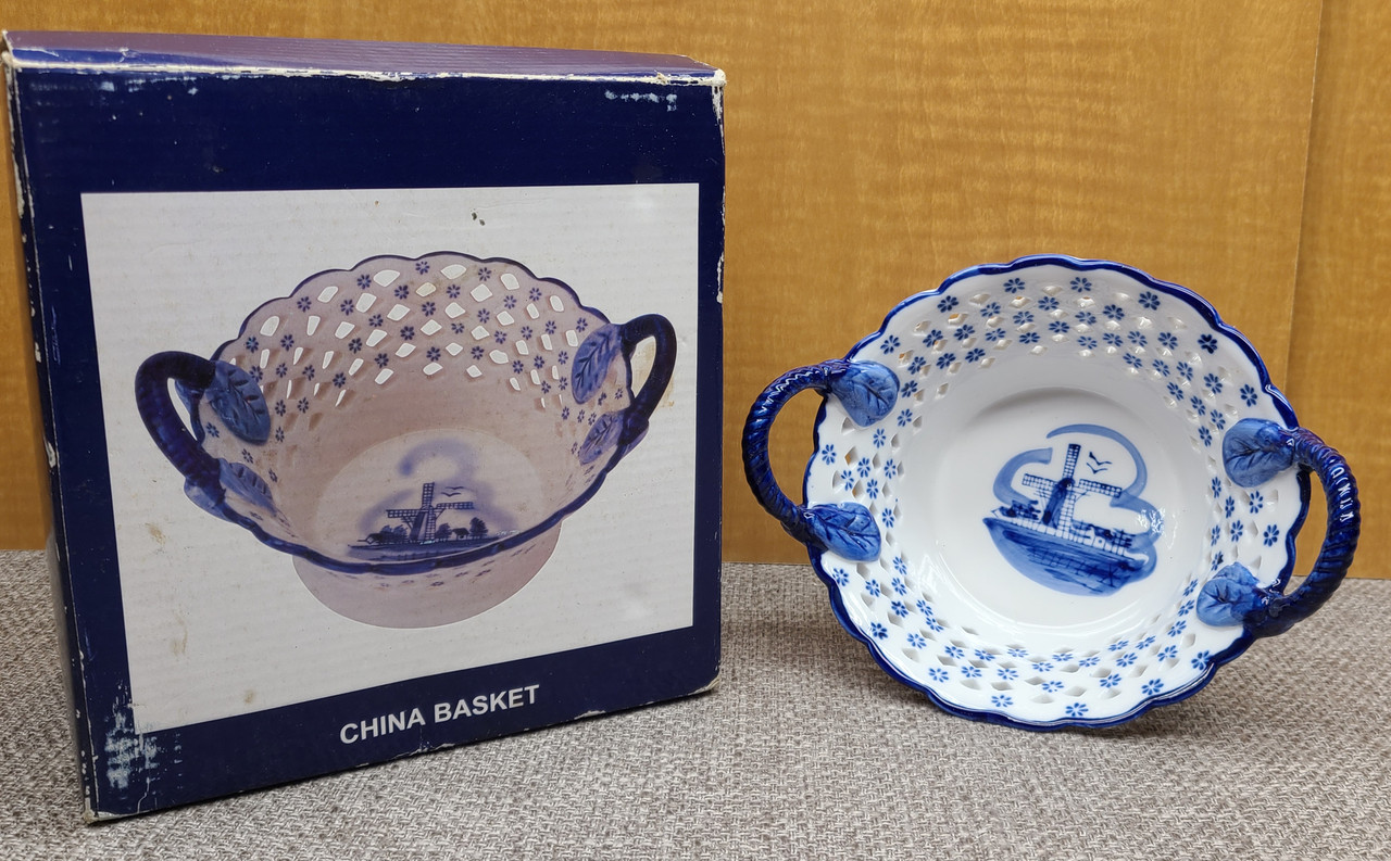 Blue & White Vintage China Basket/Lattice Bowl - Windmill