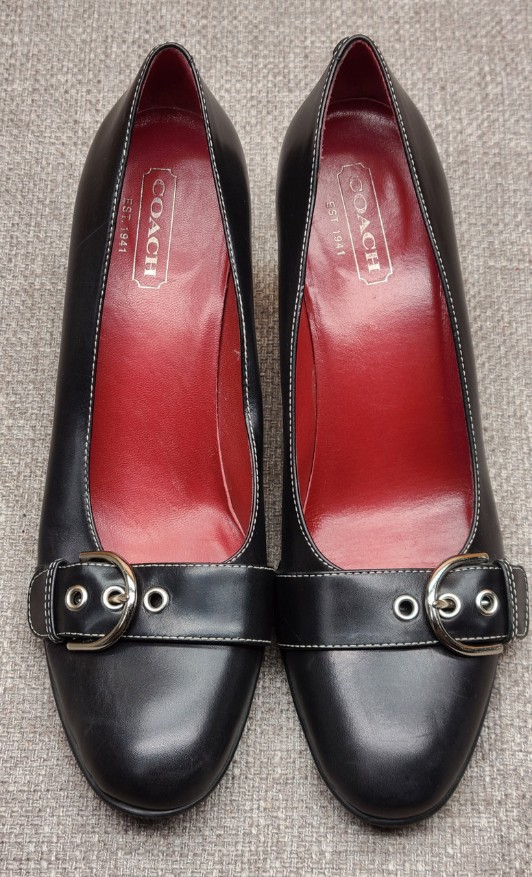 COACH Women's Black Leather Heels with Buckle - Size 9