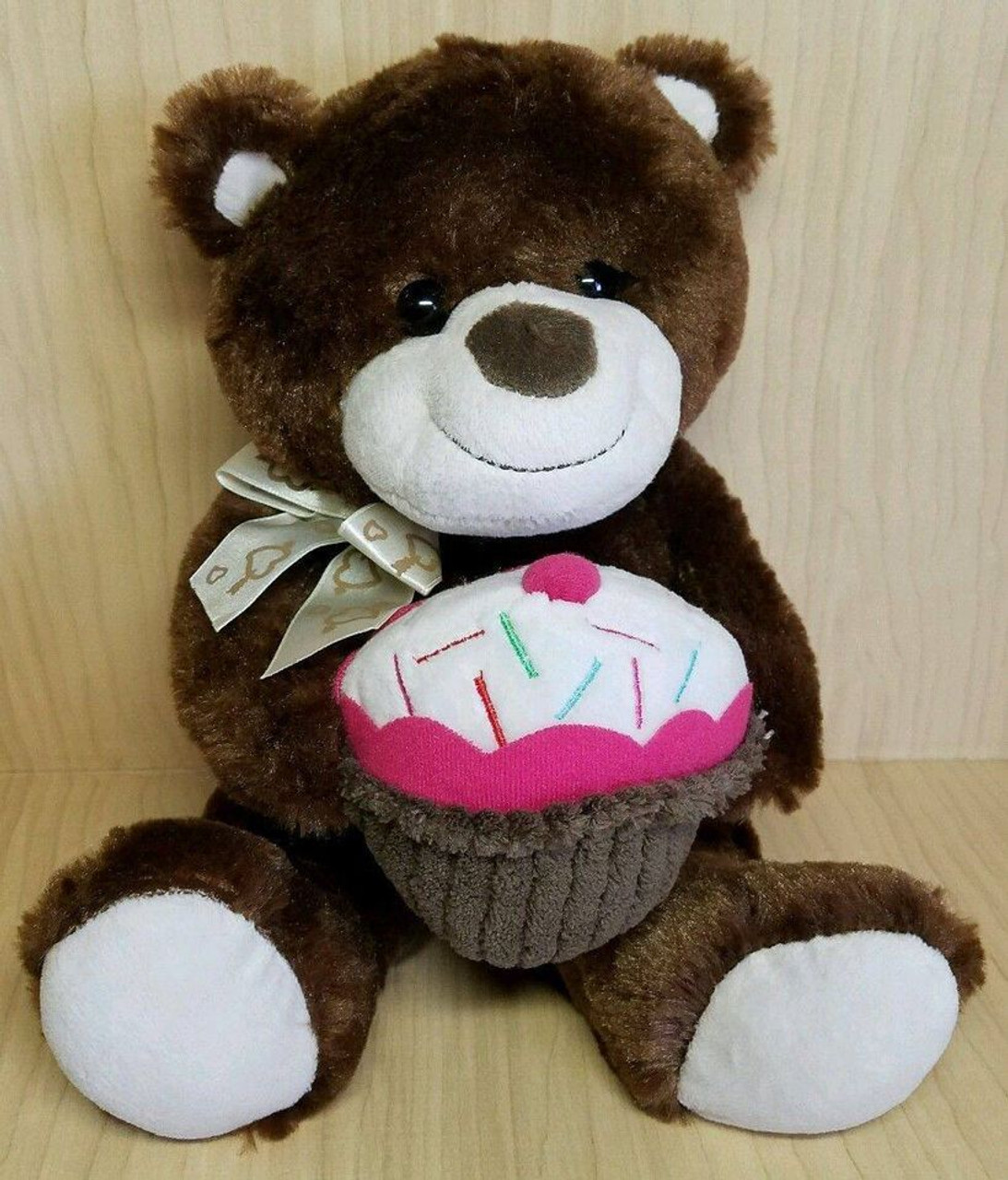 Dark Brown Dan Dee Bear holding a cupcake - sits 9" tall - new without tags