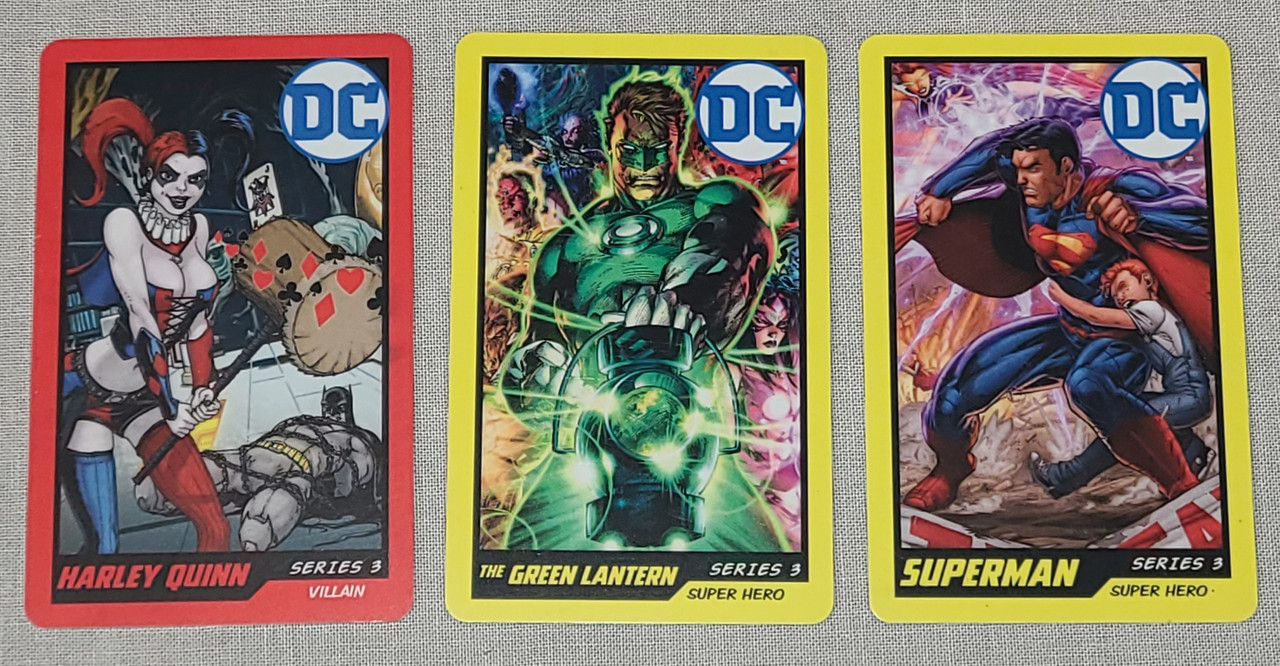 3 DC Comics Justice League Cards Green Lantern, Harley Quinn, Superman