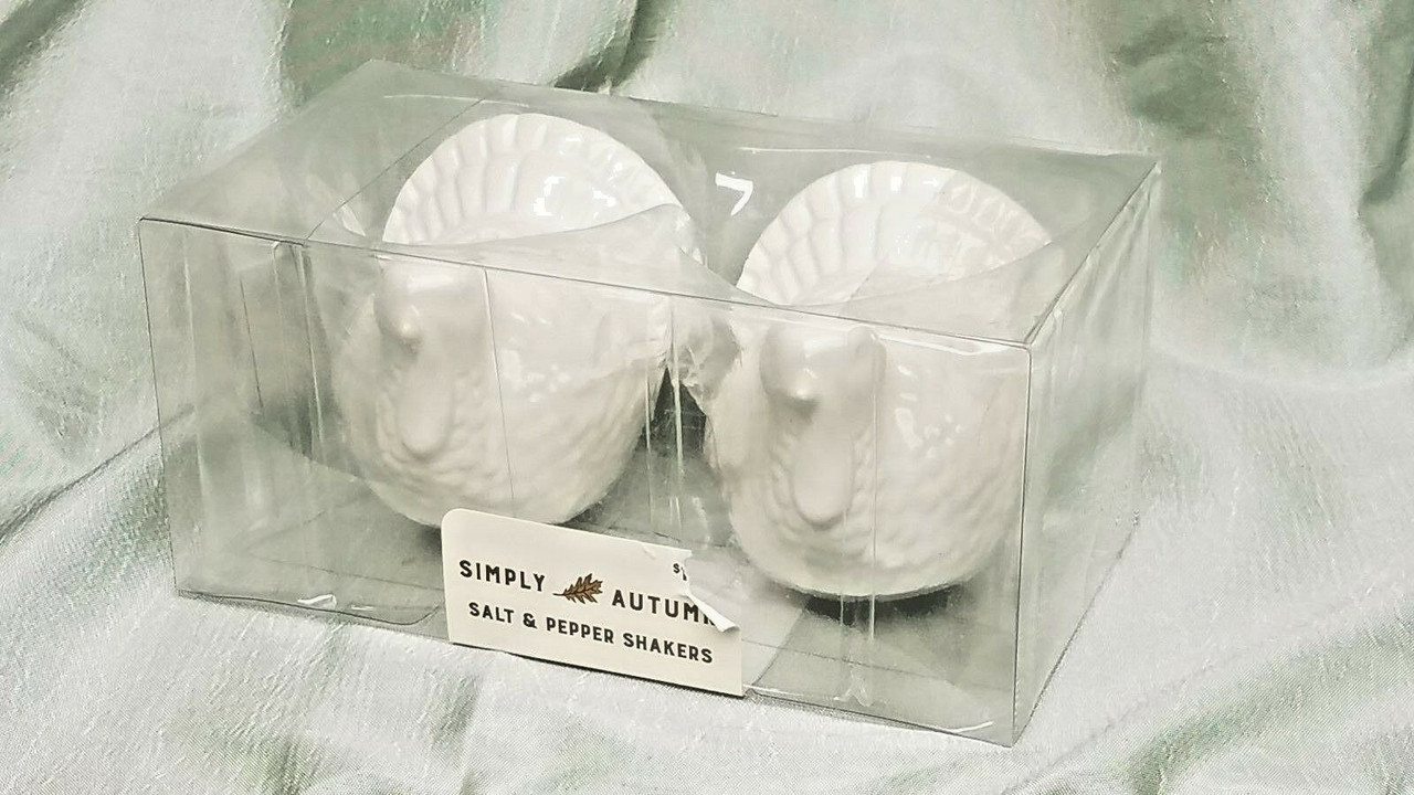 White Ceramic TURKEY Salt and Pepper Shakers w Stoppers NEW