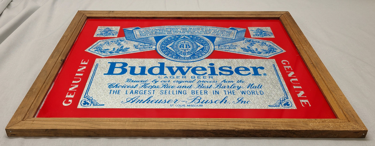 Budweiser Glass Mirrored Bar Sign Framed 22"x18"