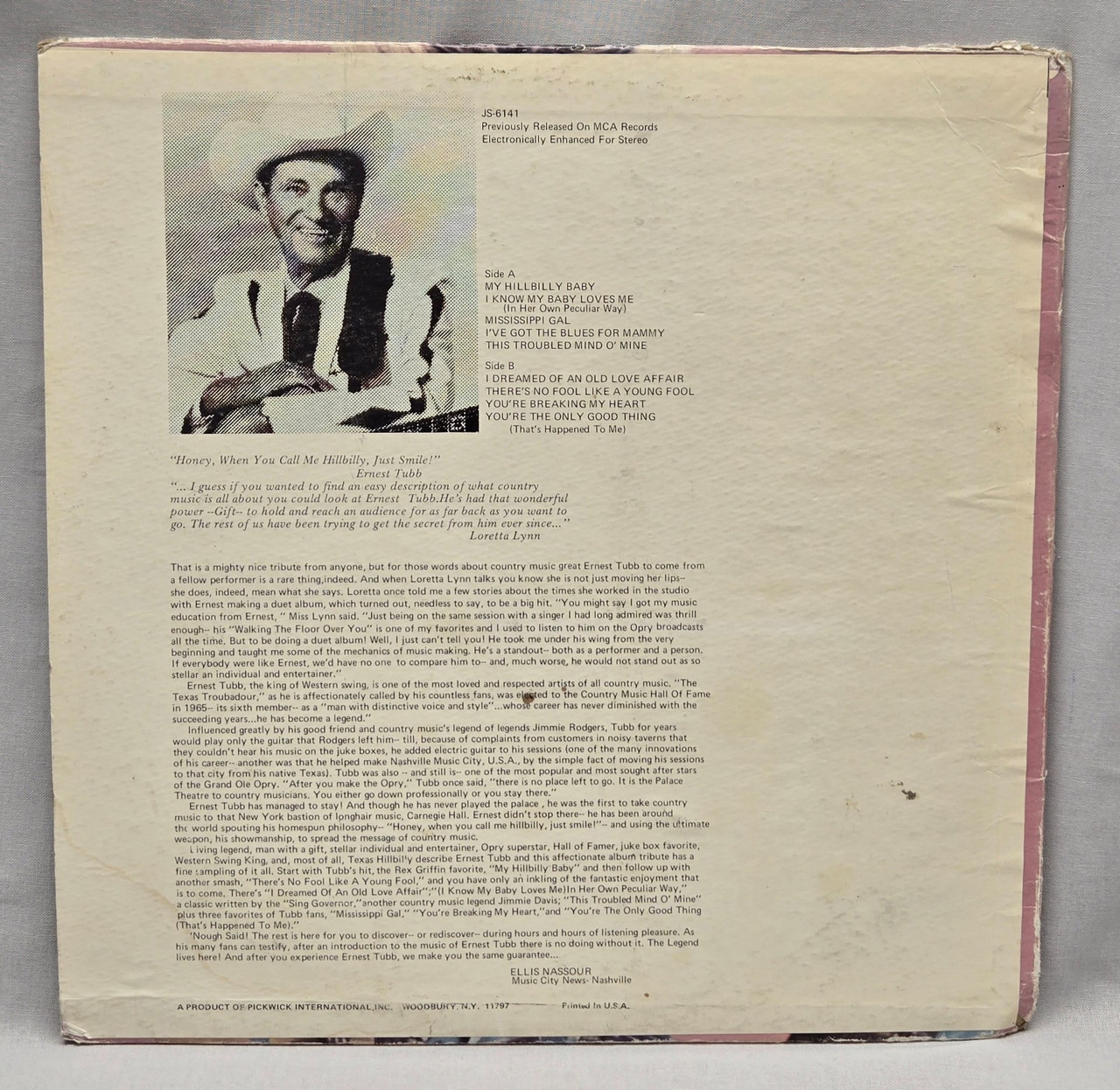 Ernest Tubb "My Hill Billy Baby & Big Hits!"  1974 Vinyl Record Album Ernest Tubb "My Hill Billy Baby & Big Hits!"  1974 Vinyl Record Album