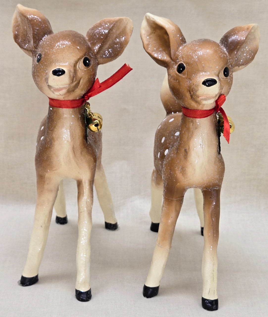 Vintage Retro Christmas Deer Fawns Reindeer Set Of 2 Glittery Snow Vintage Retro Christmas Deer Fawns Reindeer Set Of 2 Glittery Snow